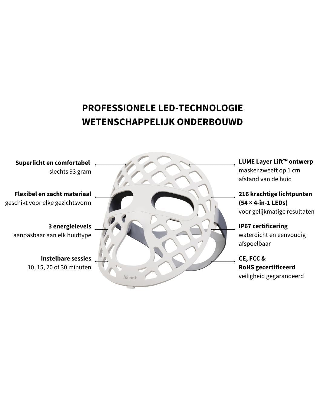 Het Líkami LUME+ LED masker, 93 gram en draadloos, klaar voor een sessie van tien minuten