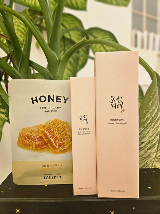 Voordeel beautypakket Revive Eye crème, Ginseng Cleansing oil en Honey firm & glow sheet mask.