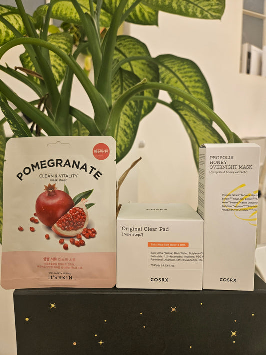 Voordeel beautypakket Cosrx clear pads, Propolis overnight mask en Pomegranate sheet masker